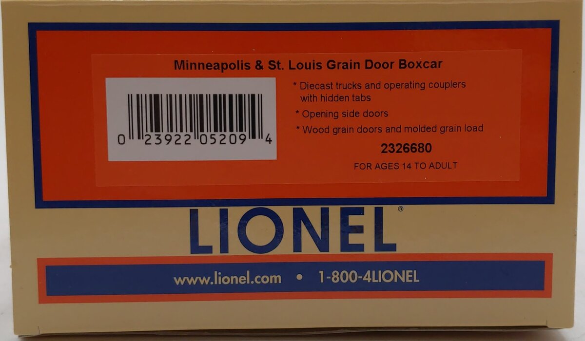Lionel 2326680 O Minneapolis & St. Louis Grain Door Boxcar #53150 LN/Box
