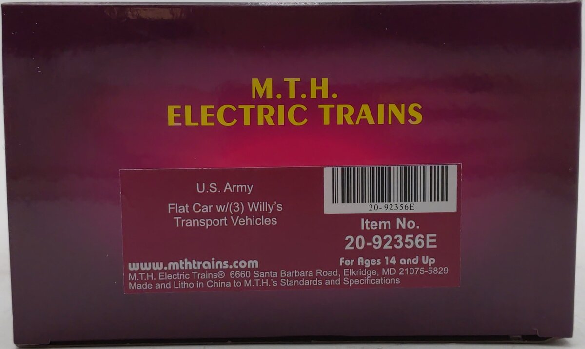 MTH 20-92356E U.S. Army Flat Car w/(3) Willy's Transport Vehicles LN/Box