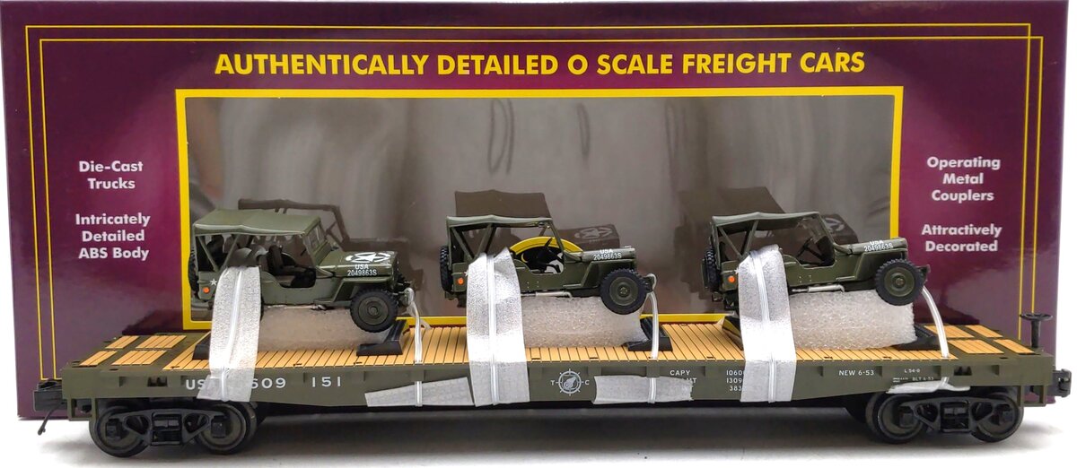 MTH 20-92356E U.S. Army Flat Car w/(3) Willy's Transport Vehicles LN/Box
