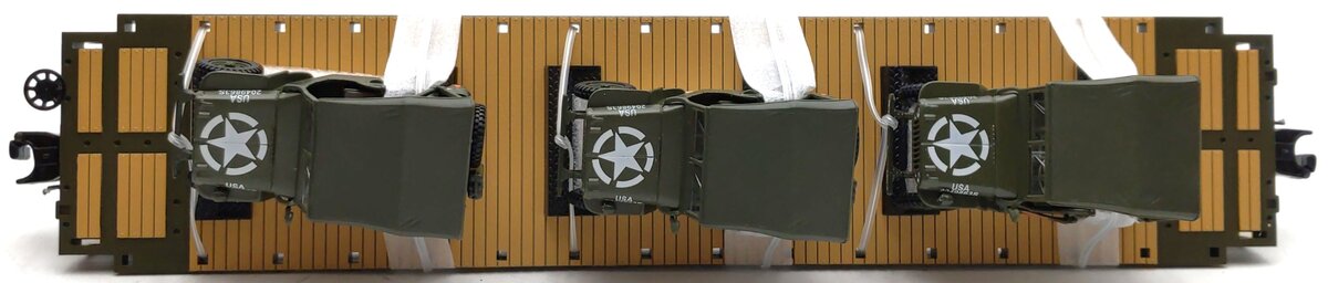 MTH 20-92356E U.S. Army Flat Car w/(3) Willy's Transport Vehicles LN/Box