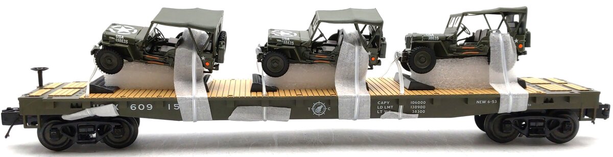MTH 20-92356E U.S. Army Flat Car w/(3) Willy's Transport Vehicles LN/Box