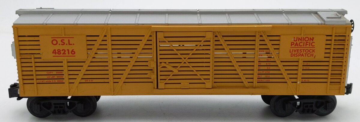 MTH 30-7107 O Gauge Union Pacific Yellow/Silver Stock Car #48216 EX