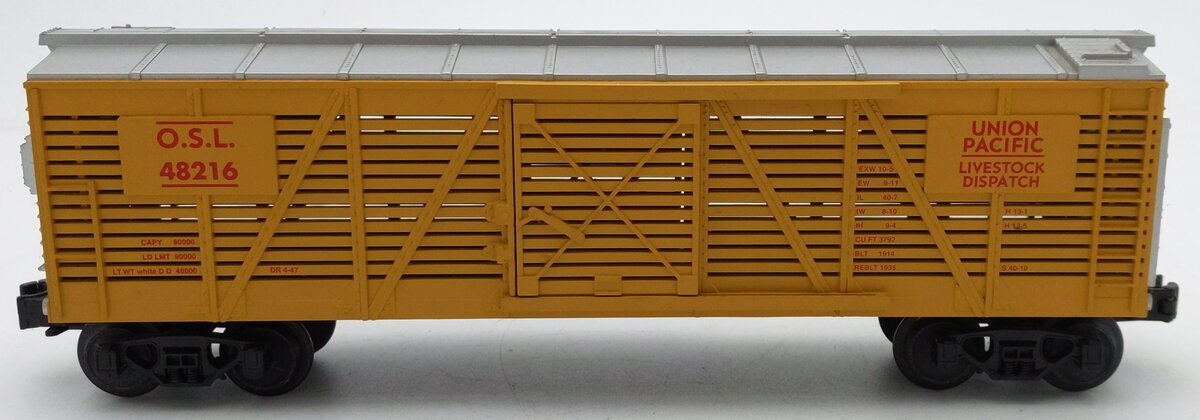 MTH 30-7107 O Gauge Union Pacific Yellow/Silver Stock Car #48216 EX