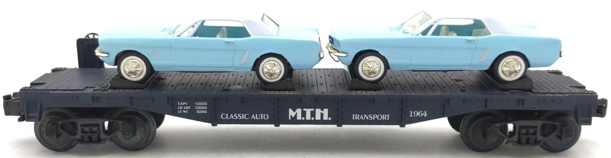MTH 30-7617 O Gauge MTH Auto Transport Flat Car with 2 Ertl '64 Mustangs EX