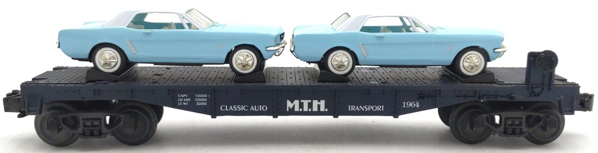 MTH 30-7617 O Gauge MTH Auto Transport Flat Car with 2 Ertl '64 Mustangs EX