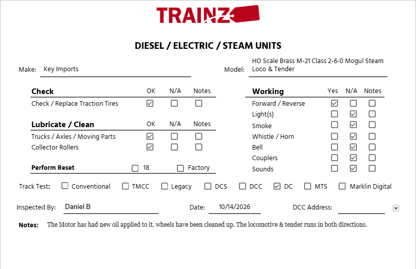 Key Imports HO Scale Brass M-21 Class 2-6-0 Mogul Steam Loco & Tender EX/Box