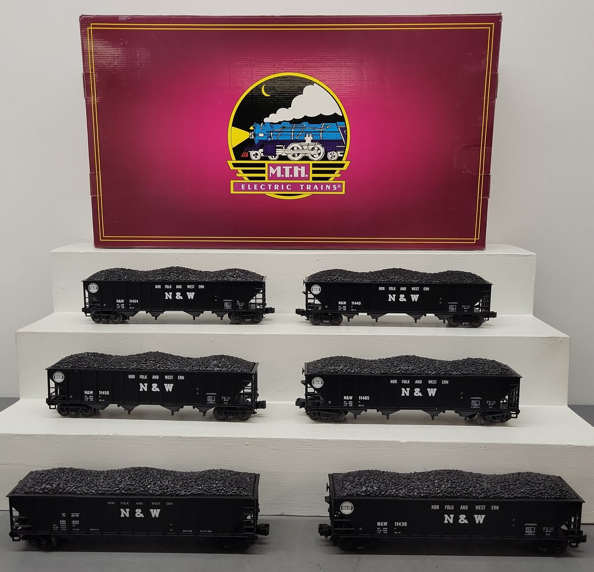 MTH 20-97062 O Gauge Norfolk & Western 4-Bay Hopper With coal Load 6-Car Set EX/Box