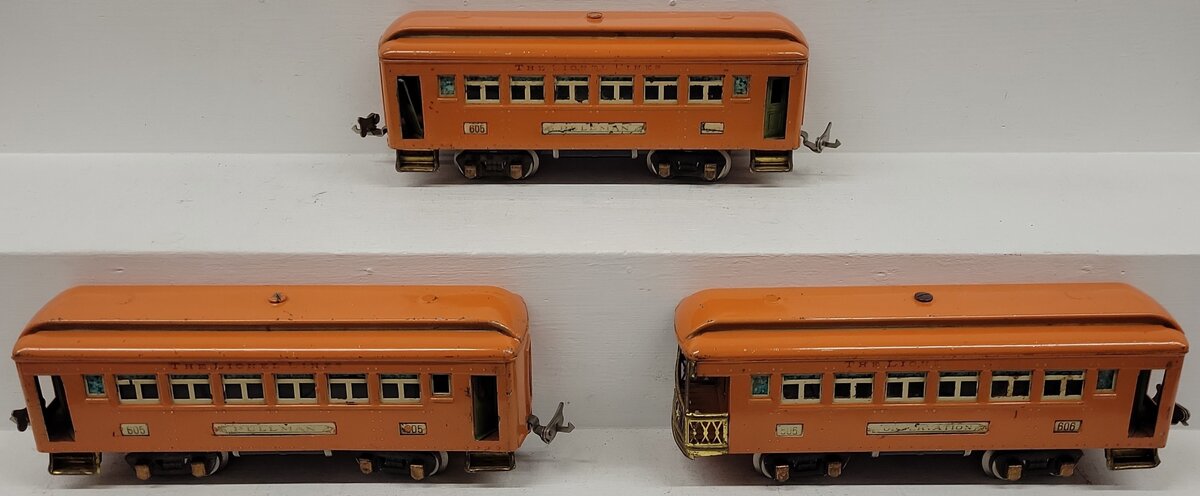 Lionel Vintage O Gauge Prewar Orange Passenger Cars: 606, 605, 605 VG