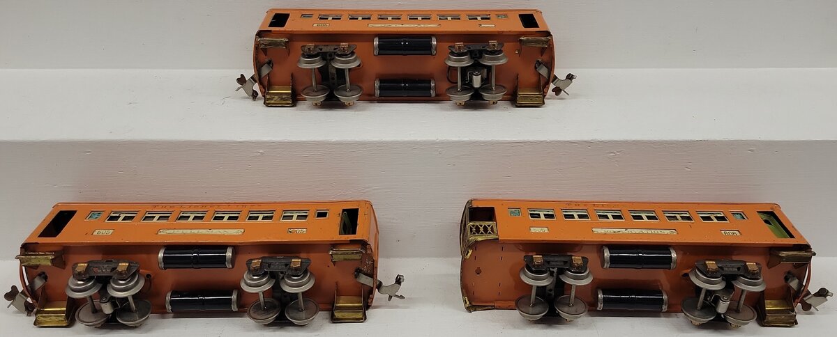 Lionel Vintage O Gauge Prewar Orange Passenger Cars: 606, 605, 605 VG