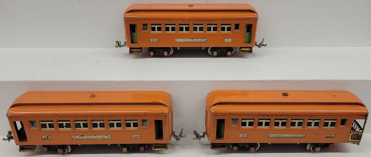 Lionel Vintage O Gauge Prewar Orange Passenger Cars: 606, 605, 605 VG