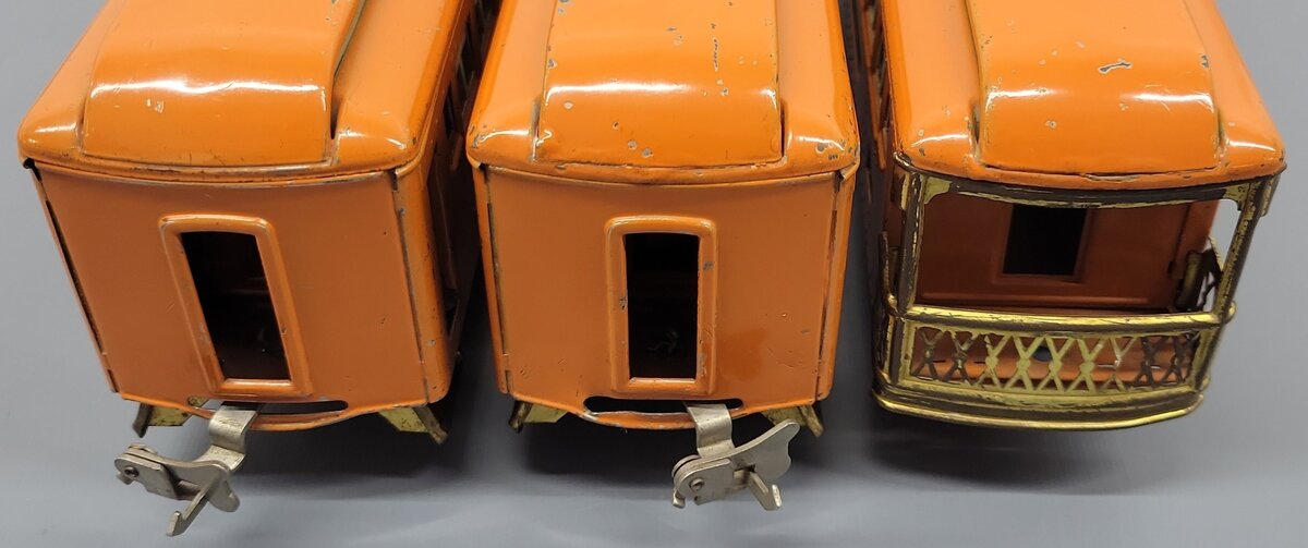 Lionel Vintage O Gauge Prewar Orange Passenger Cars: 606, 605, 605 VG