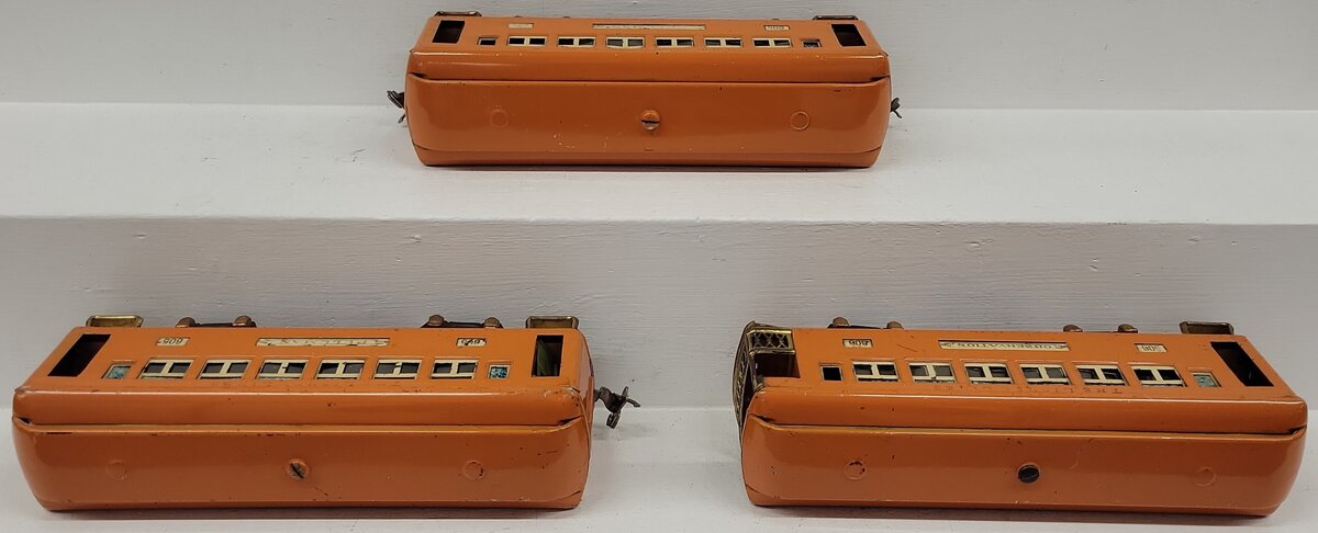 Lionel Vintage O Gauge Prewar Orange Passenger Cars: 606, 605, 605 VG