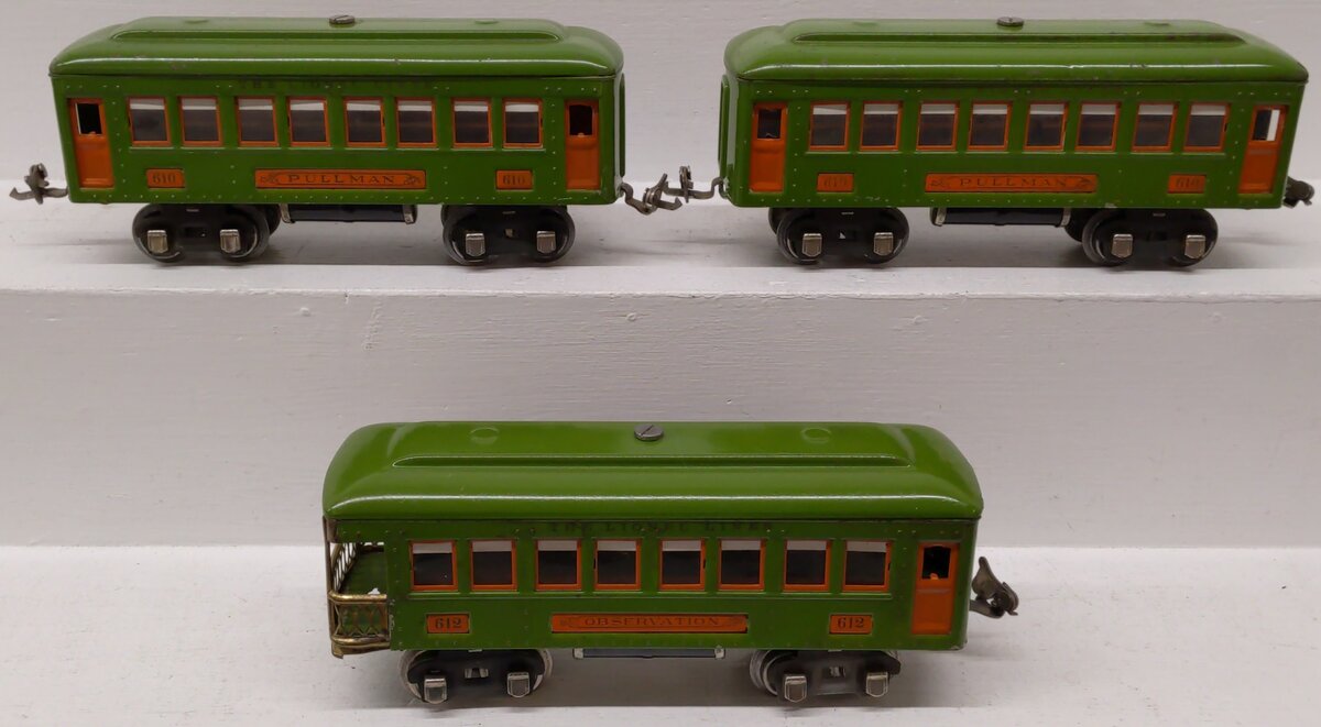 Lionel Vintage O Prewar Green Tinplate Passenger Cars 610, 612[3]