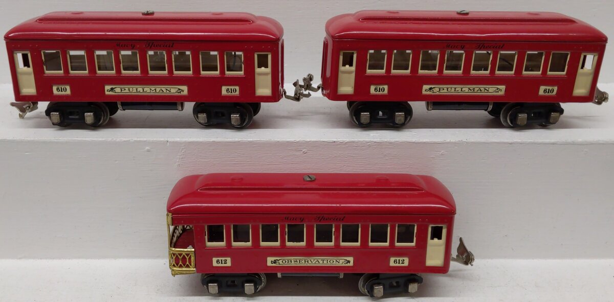 Lionel 610/612 Vintage O Prewar Macy Special Pullman & Observation Cars Set (3)