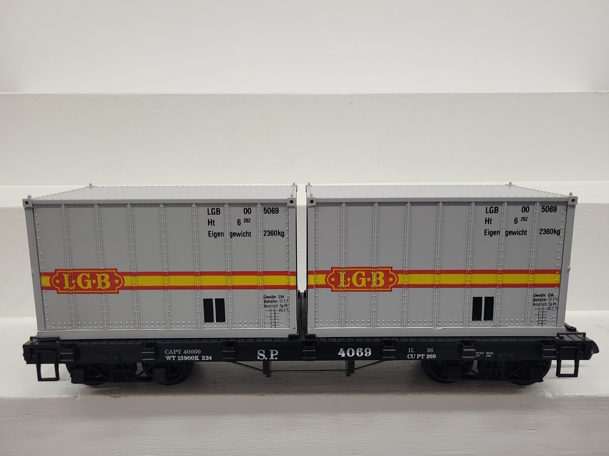 LGB 4069 G Scale Flatcar w/2 Grey LGB Containers EX/Box