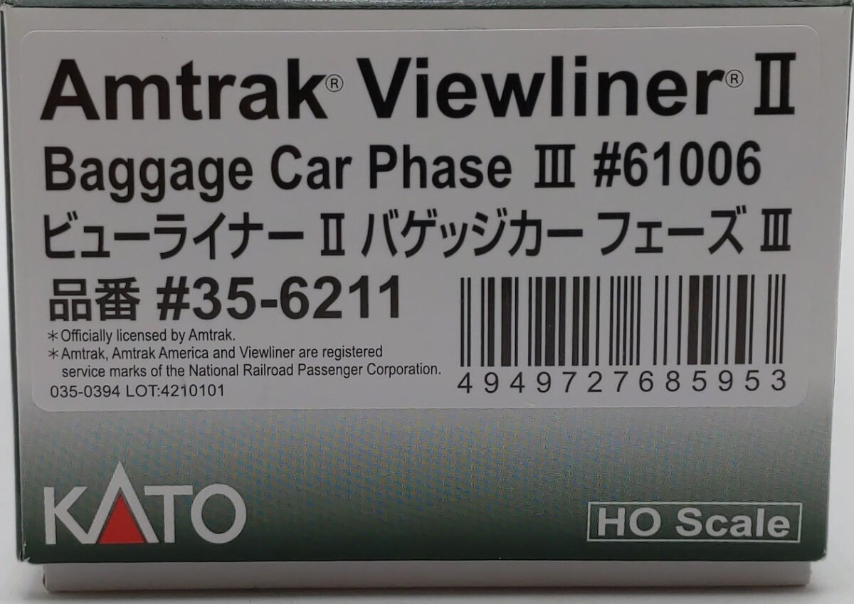 Kato 35-6211 HO Amtrak Viewliner II Phase III Baggage Car #61006 LN/Box