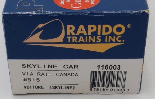 Rapido Trains 116003 HO Via Rail Canada Skyline Car #515 EX/Box