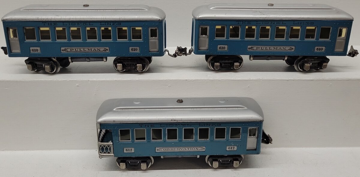 Lionel Vintage O Prewar Blue Tinplate Illuminated Passenger Cars 610, 612 [3] VG