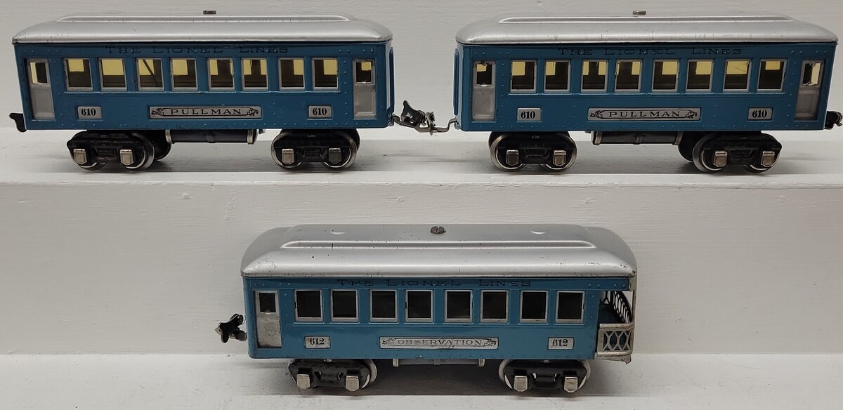 Lionel Vintage O Prewar Blue Tinplate Illuminated Passenger Cars 610, 612 [3] VG