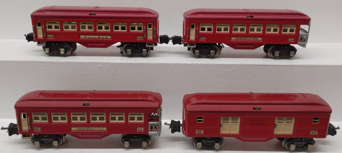 Lionel Vintage O Prewar Red Tinplate Passenger Cars 601, 602, 2600, 2601 [4]
