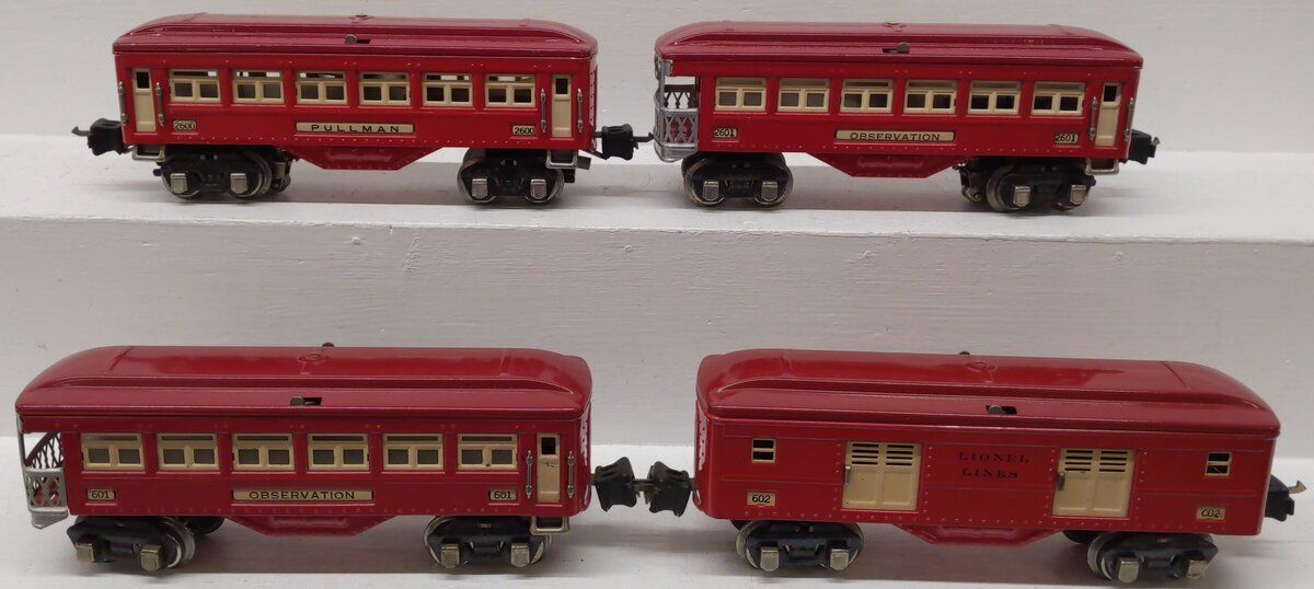 Lionel Vintage O Prewar Red Tinplate Passenger Cars 601, 602, 2600, 2601 [4]