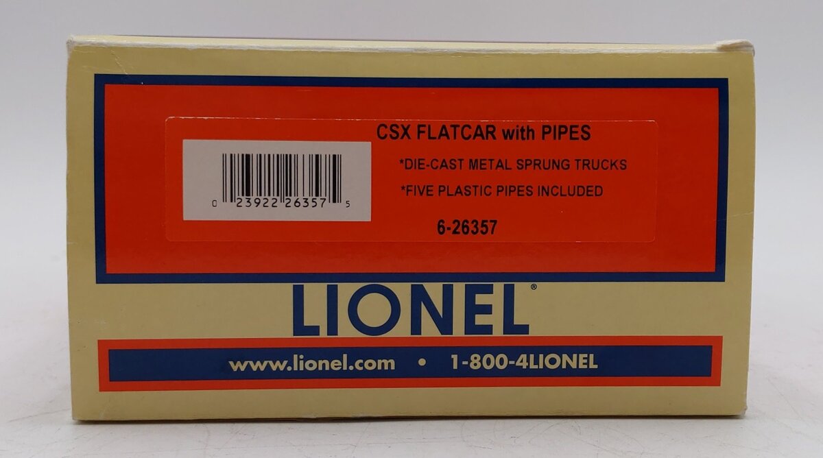 Lionel 6-26357 O Gauge CSX Flatcar w/Pipe Load #600514 LN/Box