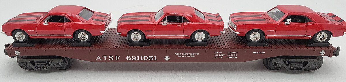 K-Line K691-1051 O Gauge ATSF Flatcar with 3 Diecast Camaros EX