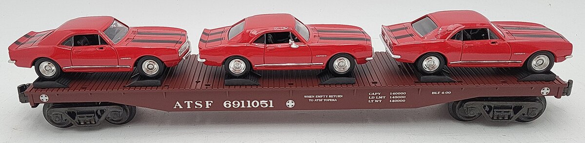 K-Line K691-1051 O Gauge ATSF Flatcar with 3 Diecast Camaros EX