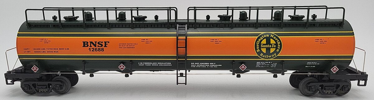 MTH 20-96010 O Gauge BNSF 20K Gallon 4-Compartment Tank Car #12688 EX