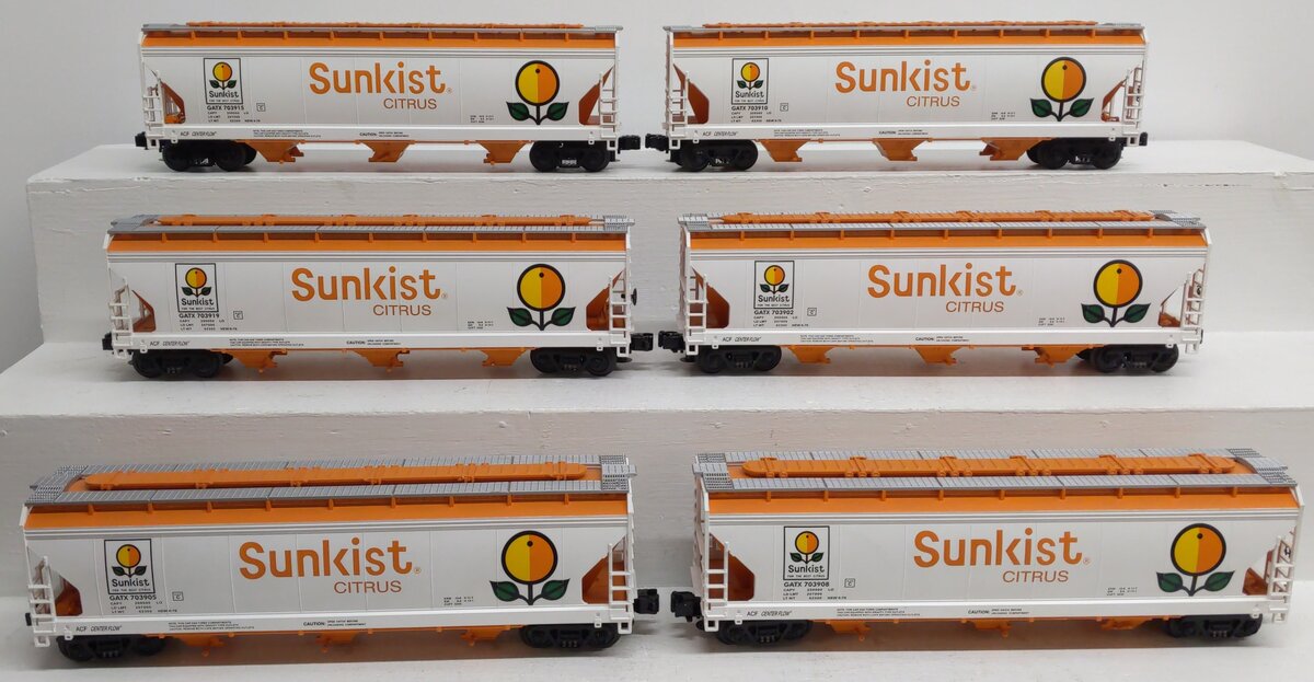 MTH 20-90115 O Sunkist 3-Bay Centerflow Hopper Car Set (Set of 6) LN