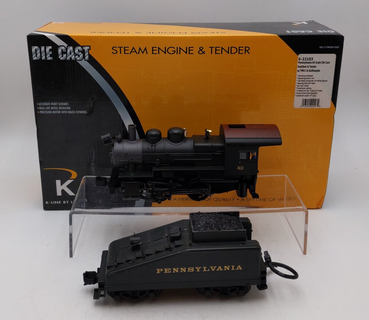 K-Line 6-22103 O Pennsylvania RR A5 Switcher &Tender TMCC w/RailSounds #411 VG/Box