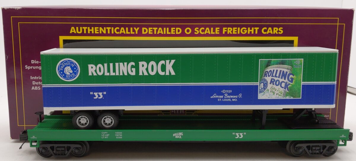 MTH 20-98630 O Gauge Rolling Rock Flat Car w/48’ Trailer #33 EX/Box