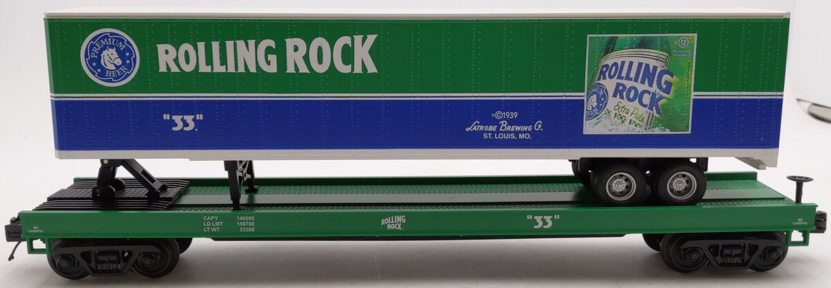 MTH 20-98630 O Gauge Rolling Rock Flat Car w/48’ Trailer #33 EX/Box