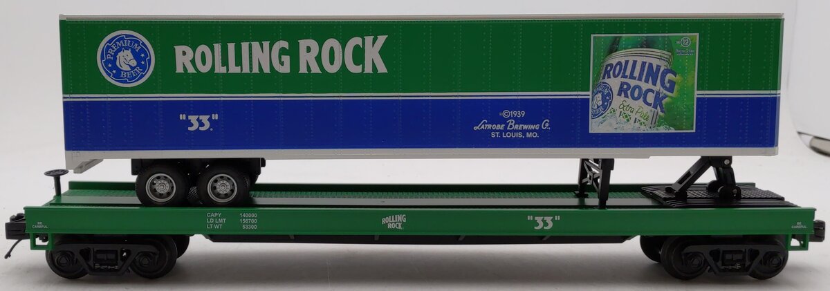 MTH 20-98630 O Gauge Rolling Rock Flat Car w/48’ Trailer #33 EX/Box