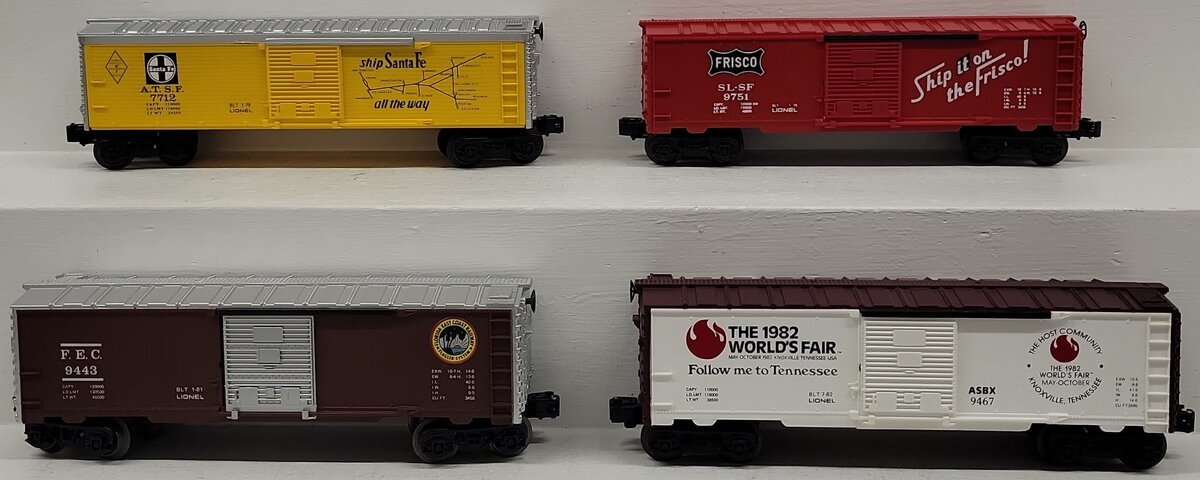 Lionel O Gauge Assorted Boxcars: #7712, #9443, #9467, #9751 [4] LN/Box