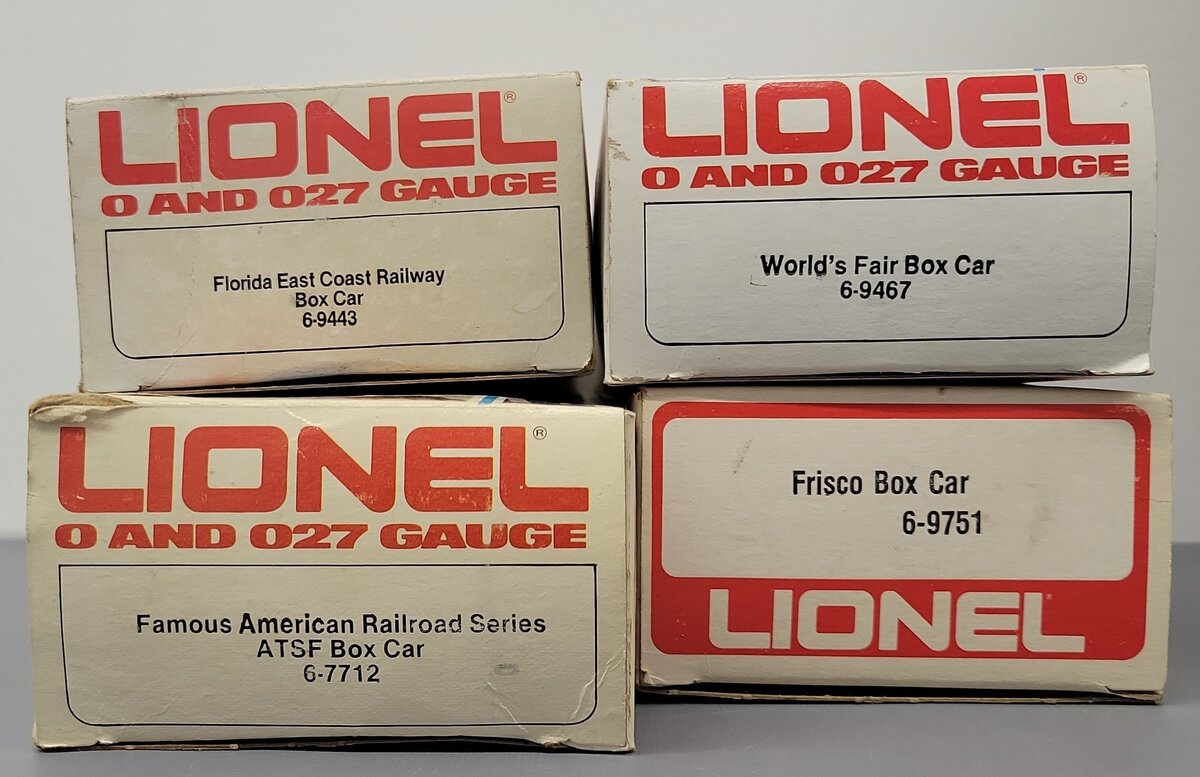 Lionel O Gauge Assorted Boxcars: #7712, #9443, #9467, #9751 [4] LN/Box