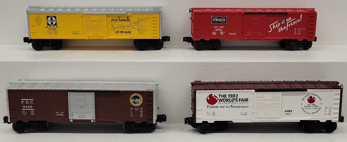 Lionel O Gauge Assorted Boxcars: #7712, #9443, #9467, #9751 [4] LN/Box