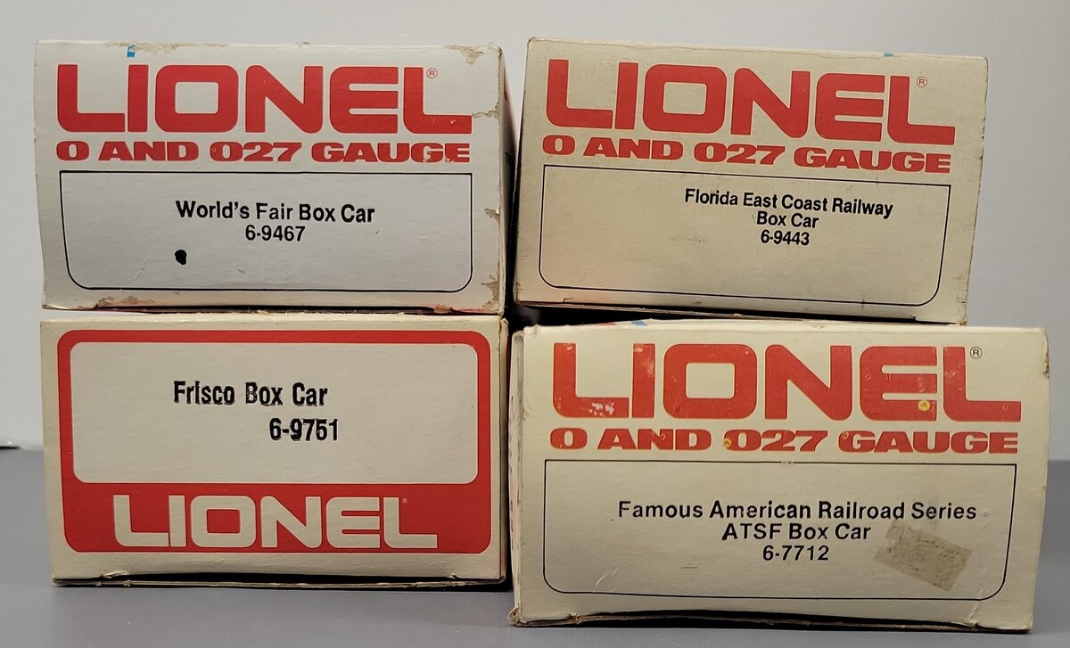 Lionel O Gauge Assorted Boxcars: #7712, #9443, #9467, #9751 [4] LN/Box