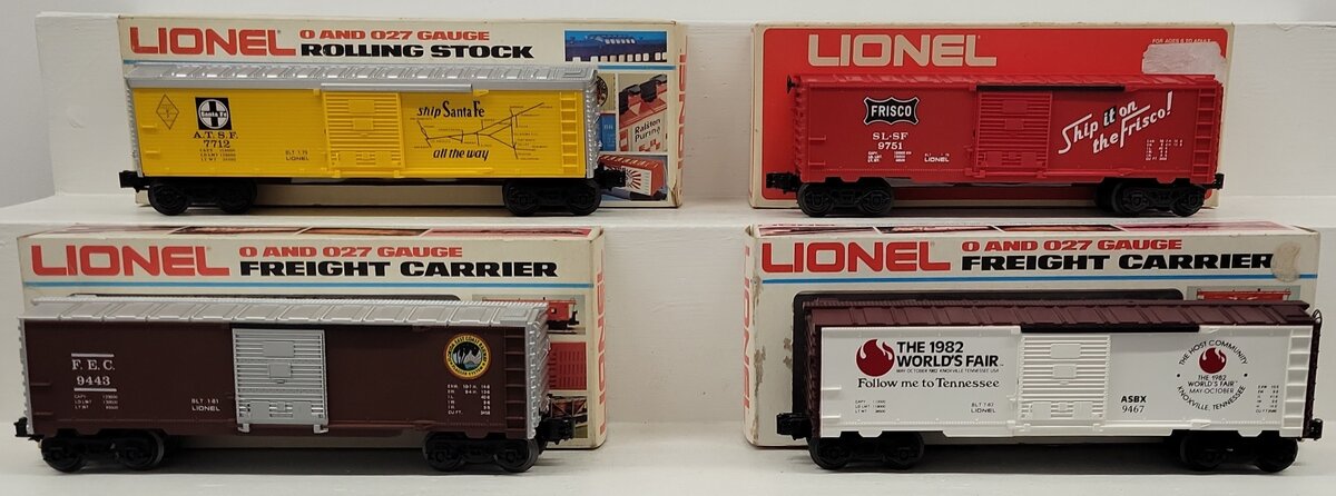 Lionel O Gauge Assorted Boxcars: #7712, #9443, #9467, #9751 [4] LN/Box