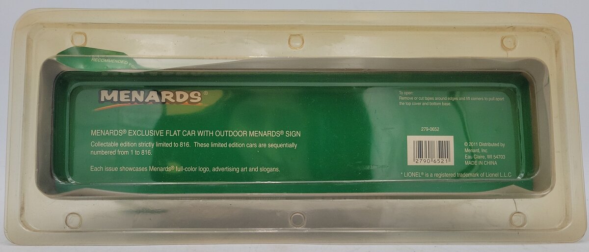 Menards 279-0652 O Flatcar with Menards Sign w/Working Lights #4862 LN/Box