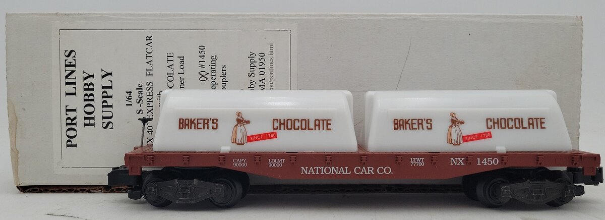 Portlines Hobbies 1450 S Scale National Car Co Flatcar w/Baker's Chocolate Load LN/Box