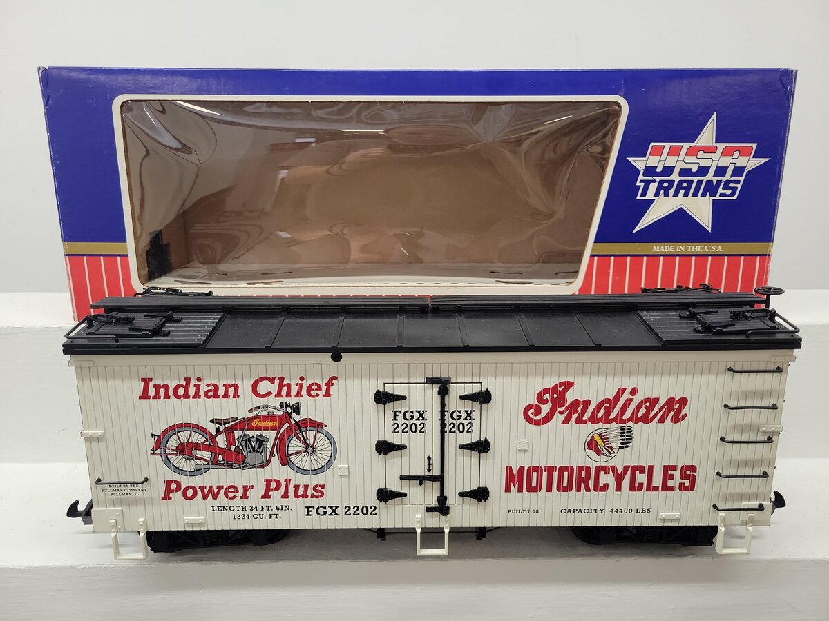 USA Trains R16079 G Indian Motorcycles Reefer Car #2202 EX/Box