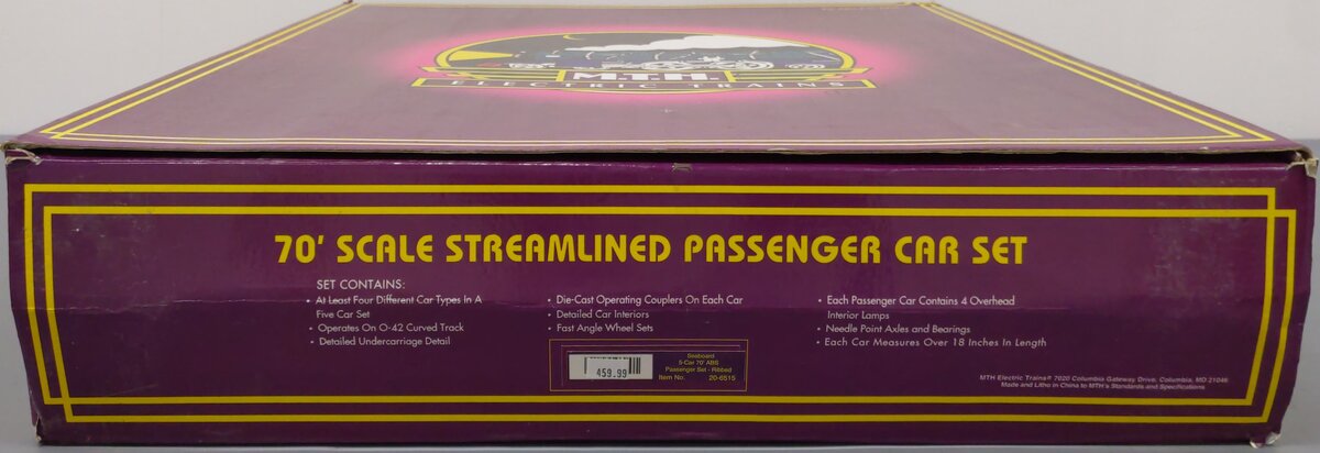 MTH 20-6515 O Gauge Seaboard 70' ABS Streamlined Passenger 5-Car Set LN/Box