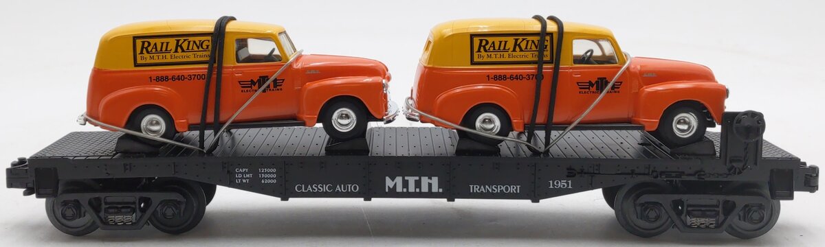 MTH 30-7681 O Gauge MTH Transport Flatcar with Ertl '51 Panel Vans EX/Box