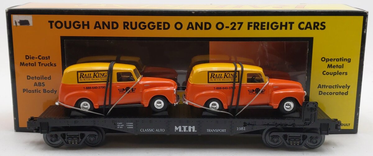 MTH 30-7681 O Gauge MTH Transport Flatcar with Ertl '51 Panel Vans EX/Box