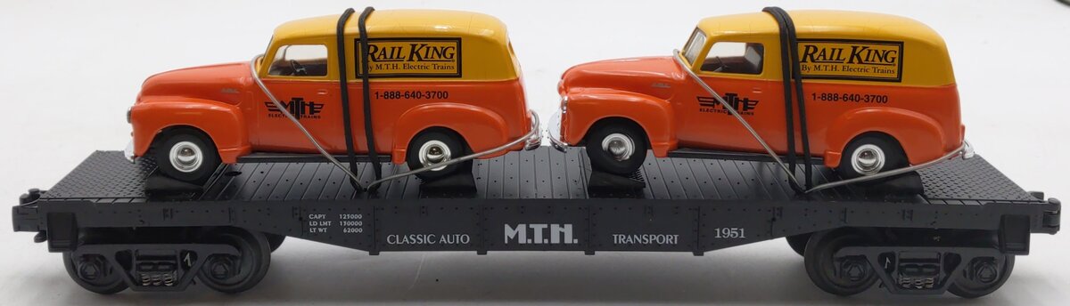 MTH 30-7681 O Gauge MTH Transport Flatcar with Ertl '51 Panel Vans EX/Box