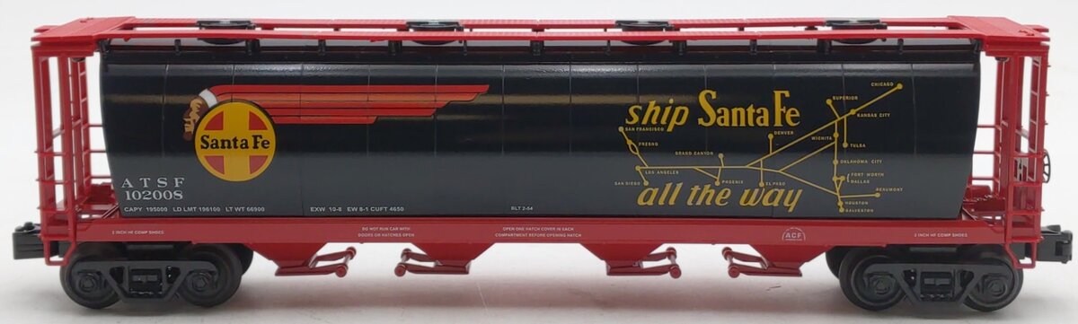 MTH 30-75725 O Gauge Santa Fe 4-Bay Cylindrical Hopper #102008 EX/Box