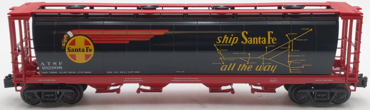 MTH 30-75725 O Gauge Santa Fe 4-Bay Cylindrical Hopper #102008 EX/Box