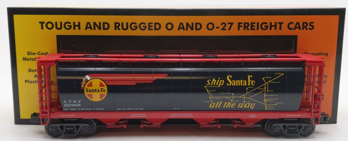 MTH 30-75725 O Gauge Santa Fe 4-Bay Cylindrical Hopper #102008 EX/Box