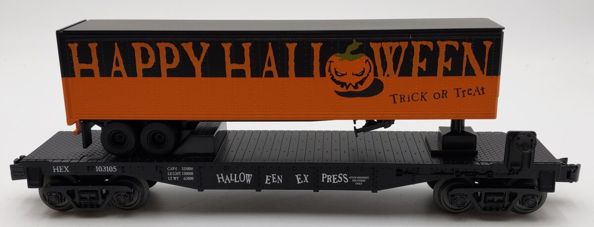 MTH 30-76655 O Gauge Halloween Express Flatcar with 40' Trailer #103105 LN/Box